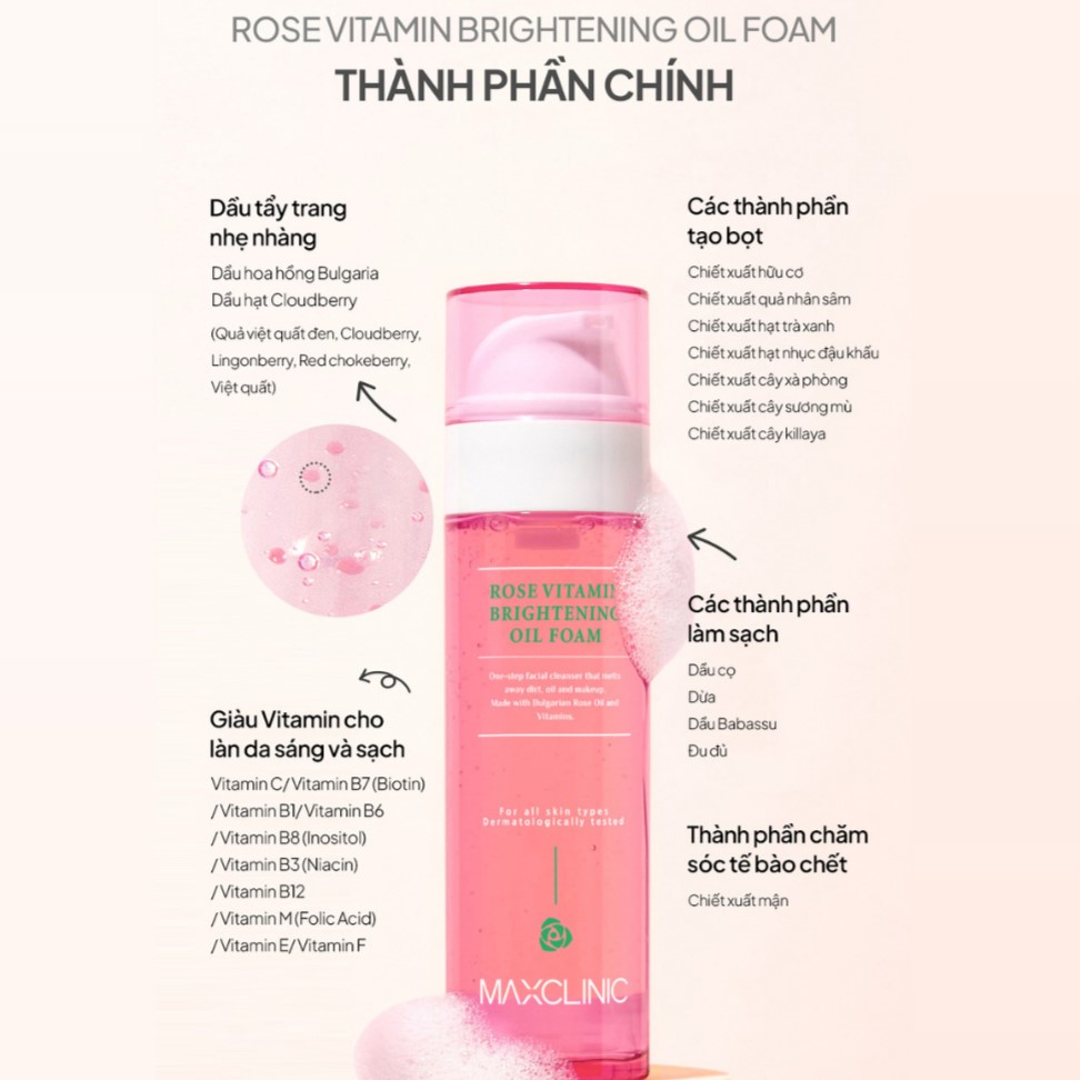 Dầu Rửa Mặt Tạo Bọt Làm Sáng Da Maxclinic Rose Vitamin Brightening Oil Foam Cleaser 110gr - Image 5
